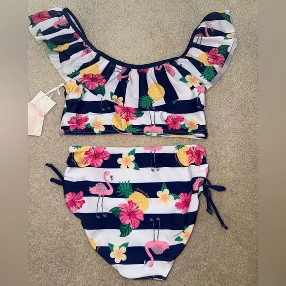 NWT Tommy Bahama Blue and White Ruffled Bikini Swimsuit Girls 10 12
